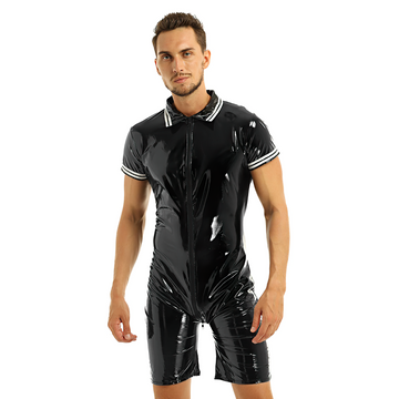 Men's Shiny Body Latex Zipper Clubwear / Sexy Open Crotch Wetlook Romper Bodysuit - EVE's SECRETS